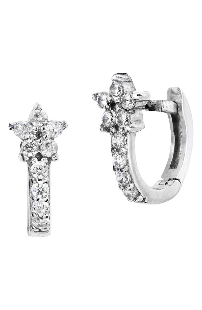 SAVVY CIE JEWELS 18K Gold Plated Sterling Silver Micro Floral Cubic Zironia Huggie Earrings, Main, color, White