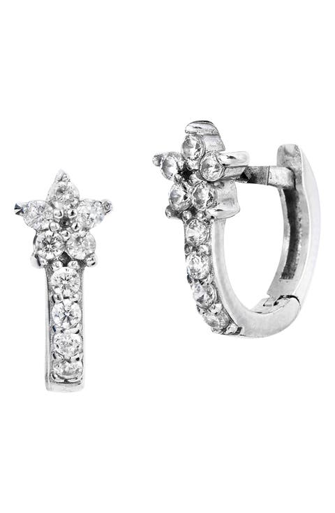 18K Gold Plated Sterling Silver Micro Floral Cubic Zironia Huggie Earrings