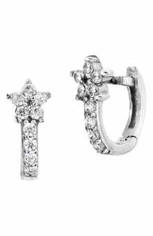 SAVVY CIE JEWELS 18K Gold Plated Sterling Silver Micro Floral Cubic Zironia Huggie Earrings