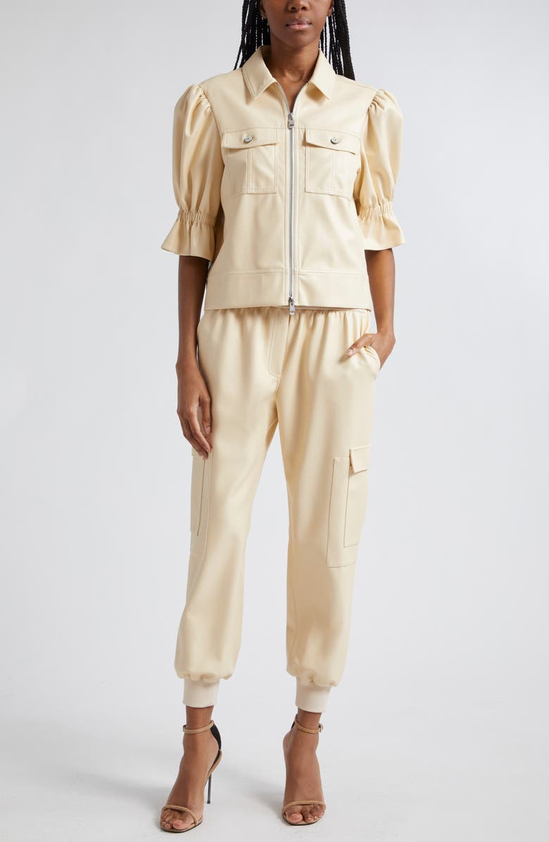 Cinq à Sept Holly Ruffle Faux Leather Jacket, Alternate, color, Dune