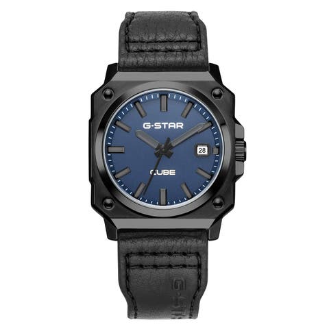 Cube - 41mm, Blue Dial, Black Leather Strap, Black Square Stainless Steel Watch
