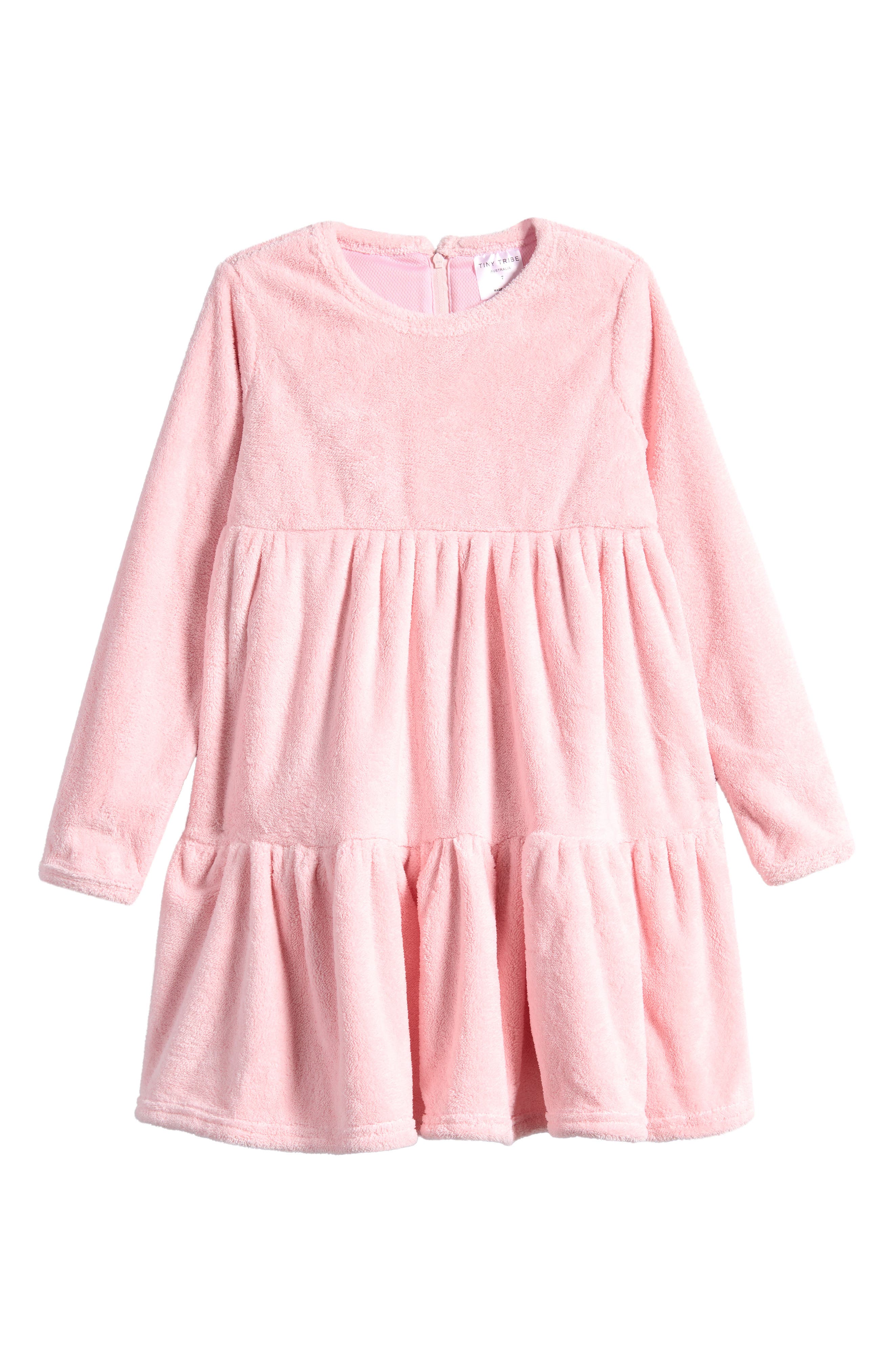 TINY TRIBE Kids' Long Sleeve Tiered Velour Dress in Pink 