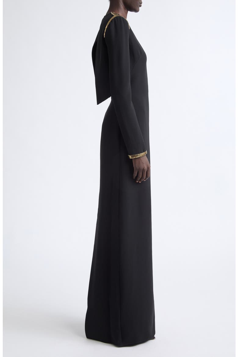 Chainmail Trim Long Sleeve Silk Evening Dress, Alternate, color, BLACK/ GOLD