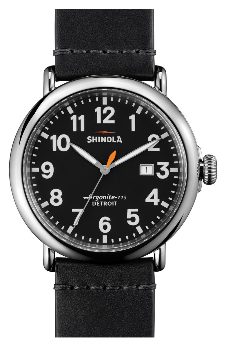 Shinola 'The Runwell' Round Leather Strap Watch, 47mm, Main, color, 