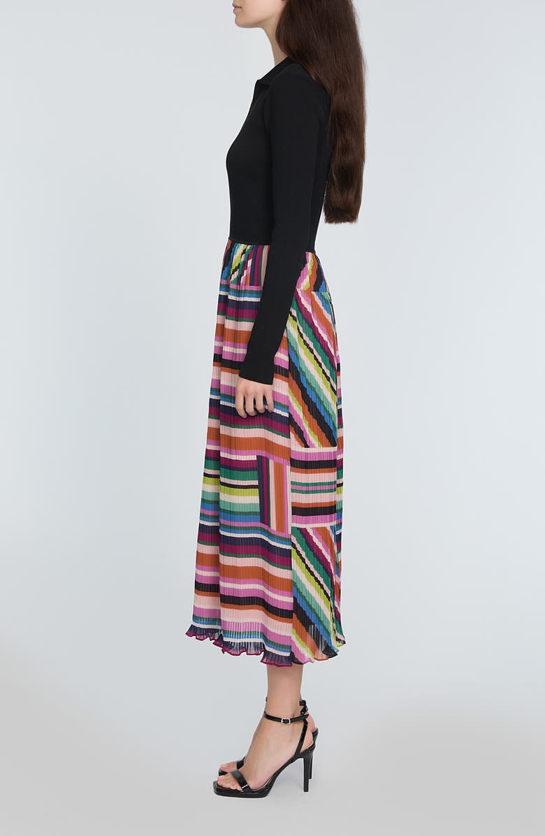 Elie Tahari The Maeve Mixed Media Long Sleeve Midi Dress, Alternate, color, Noir With Venus Stripe