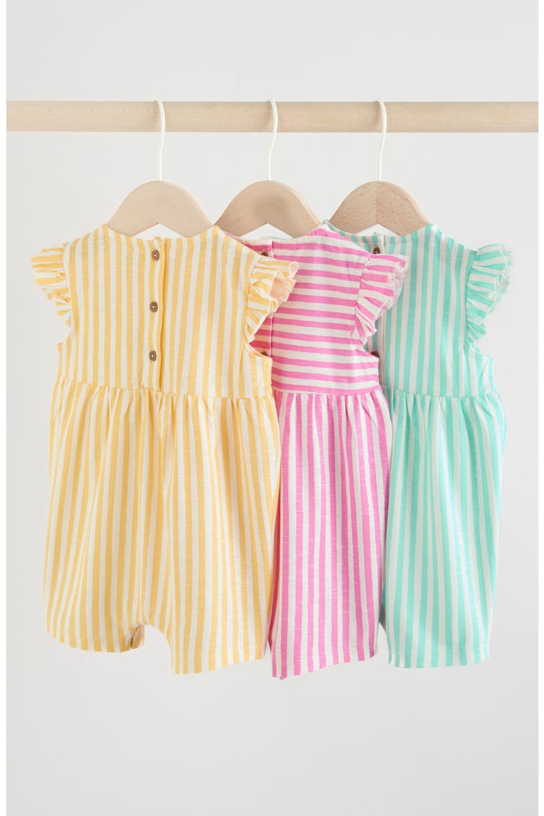 Pack of 3 Assorted Frill Cotton Rompers, Alternate, color, PINK MULTI