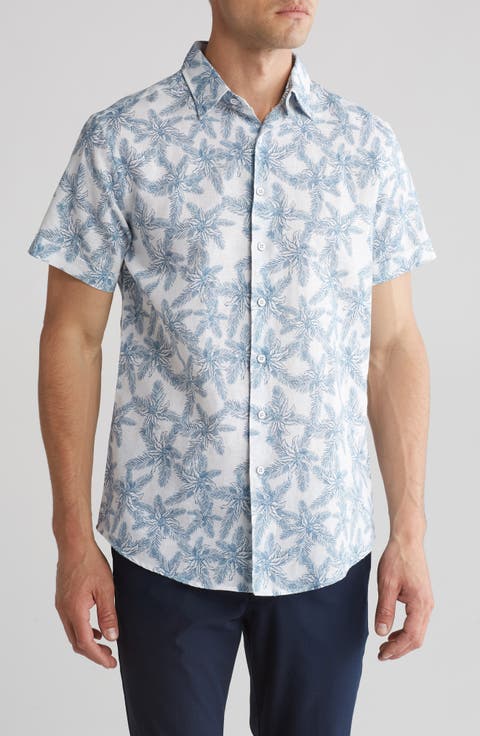 Short Sleeve Linen & Cotton Blend Button-Up Shirt