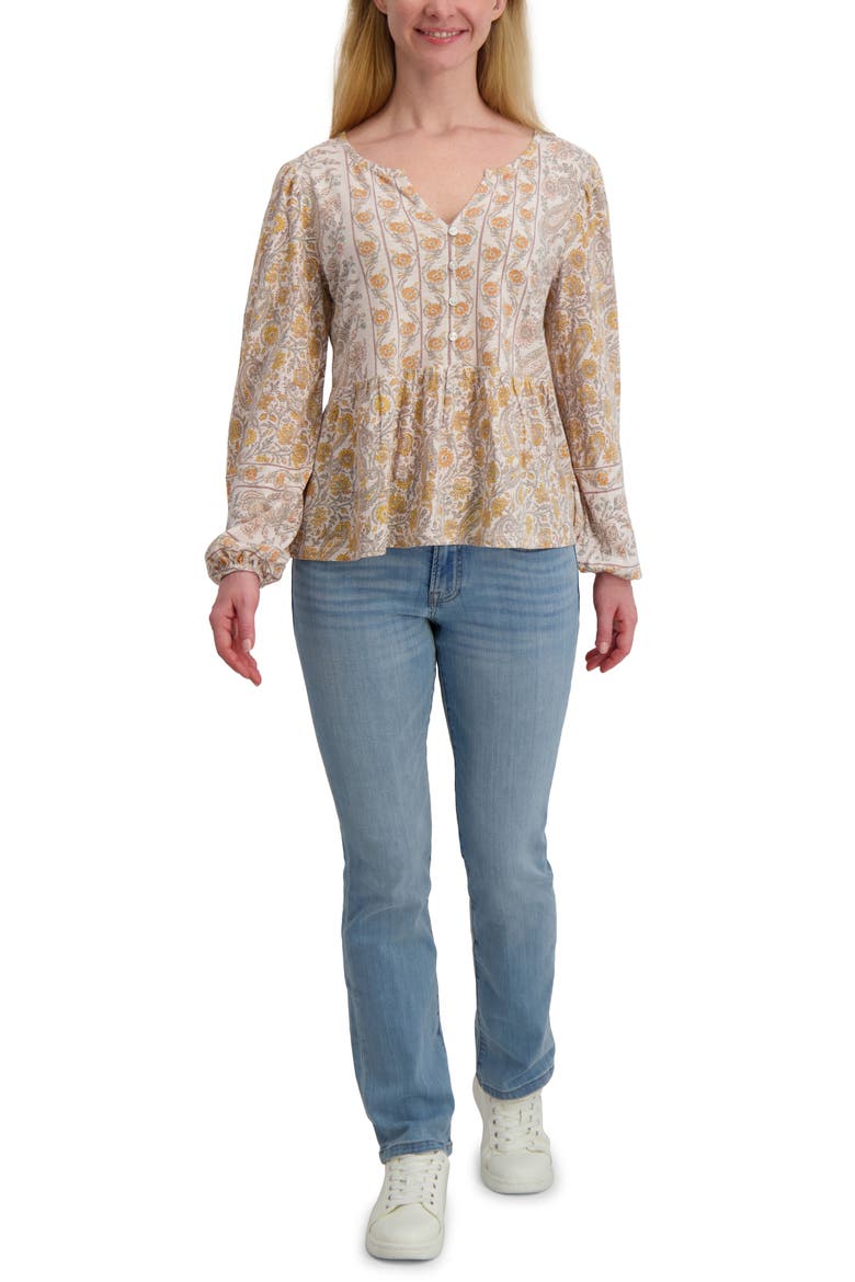Long Sleeve Cotton Peplum Top, Alternate, color, CREAM FLORAL