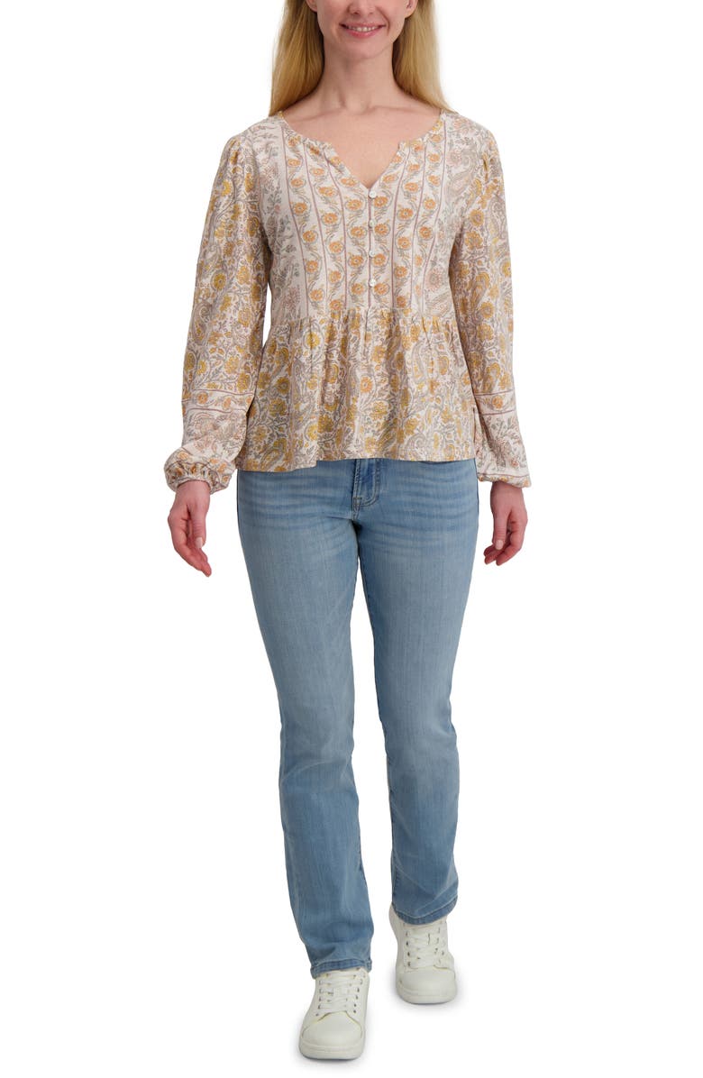 Lucky Brand Long Sleeve Cotton Peplum Top, Alternate, color, Cream Floral