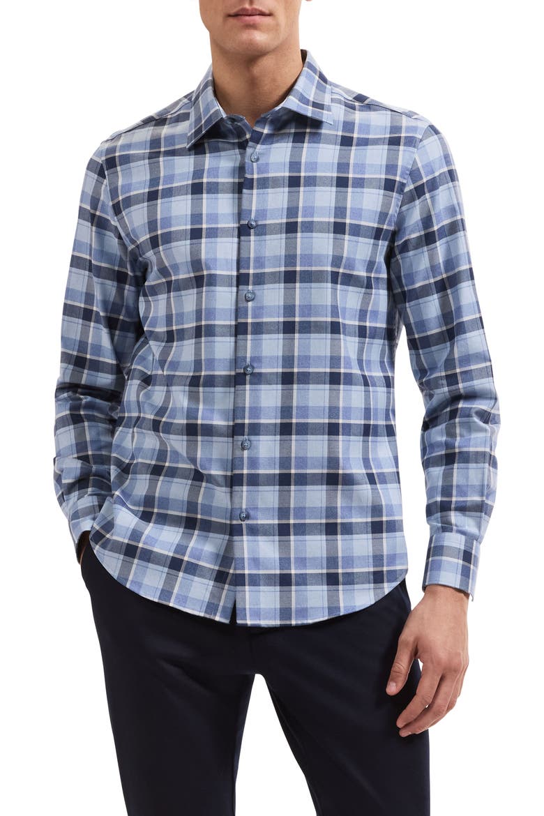 Julian Plaid Cotton & Cashmere Button-Up Shirt, Main, color, AIR BLUE