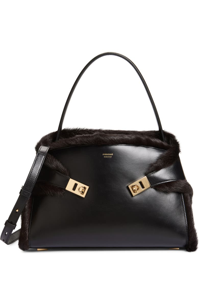 FERRAGAMO Hug Genuine Shearling Trim Leather Satchel, Main, color, Nero