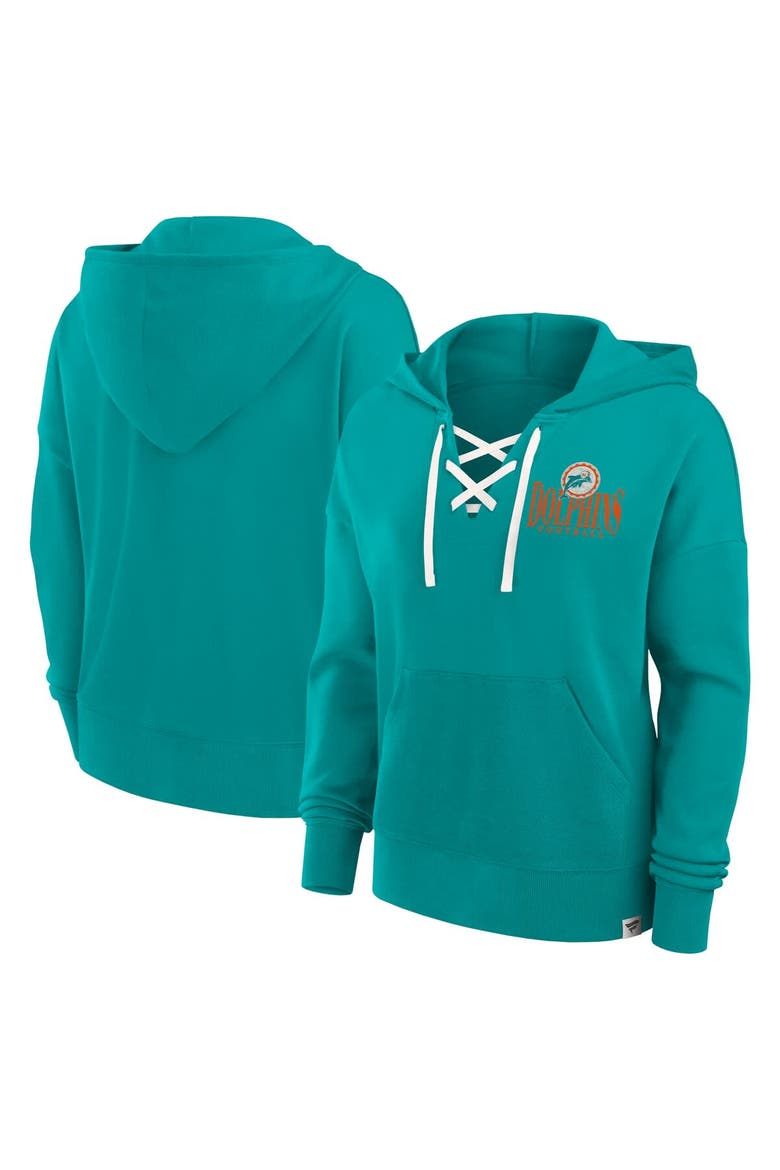 Women's Fanatics Aqua Miami Dolphins Blitz Left Lace-Up Pullover Hoodie, Main, color, Aqua