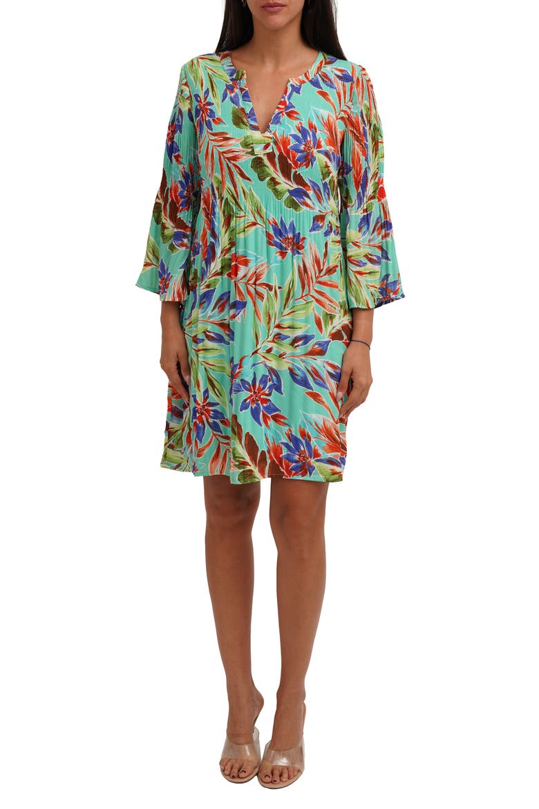 Three-Quarter Sleeve Plissé Dress, Main, color, TROPICAL DAYDREAM