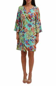 SUNNY LEIGH Three-Quarter Sleeve Plissé Dress