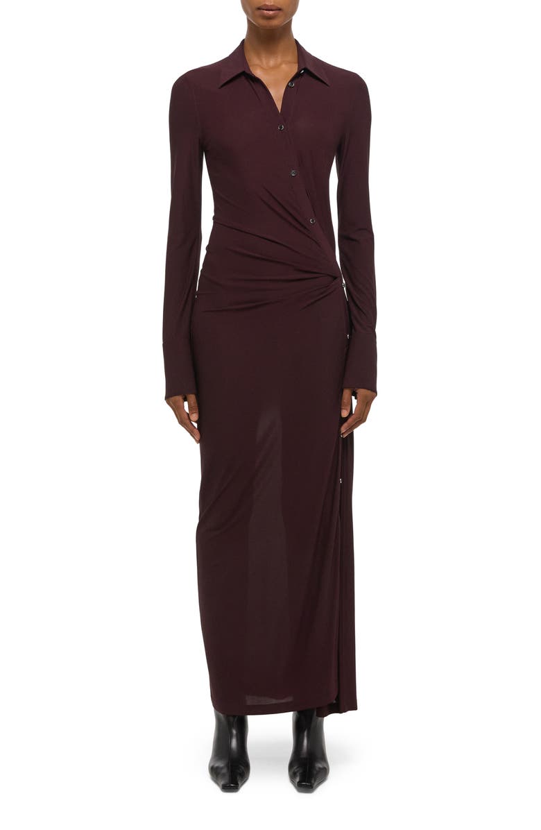 Helmut Lang Asymmetric Long Sleeve Dress, Main, color, Mahogany