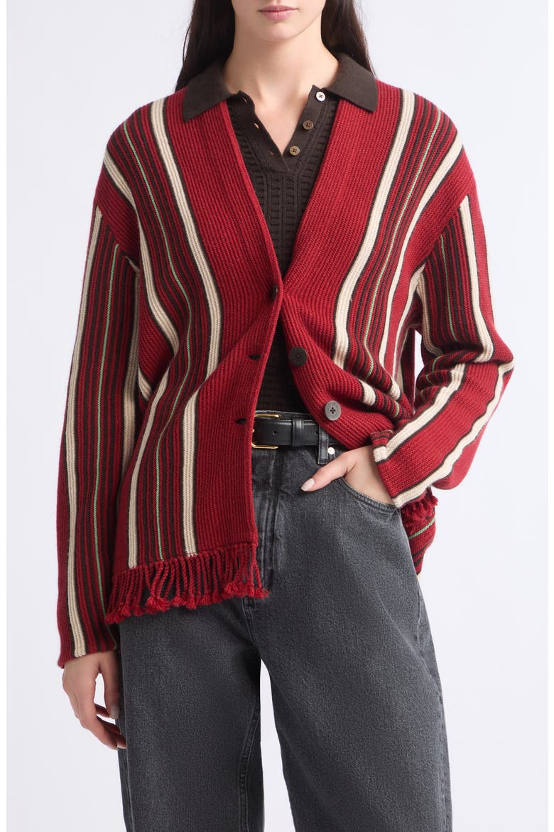 Handloom Striped Cashmere & Wool Cardigan, Main, color, CARMINE COMBO