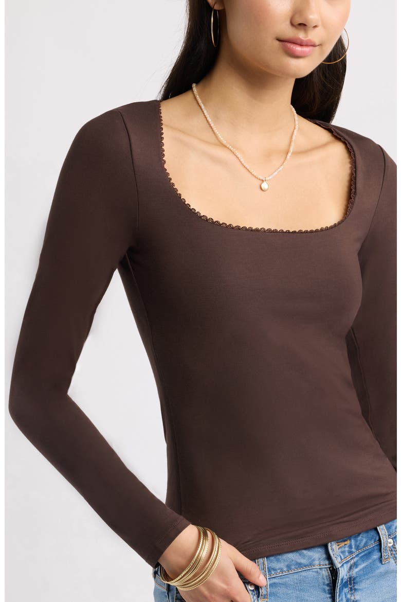 Lace Trim Square Neck Long Sleeve Top, Alternate, color, BROWN COFFEE