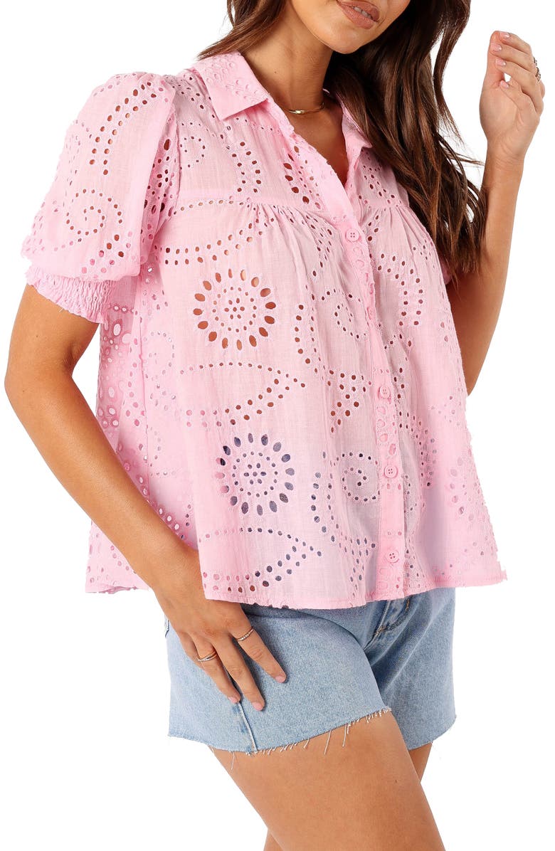Petal & Pup Janelle Shirred Eyelet Button-Up Top, Alternate, color, Pink