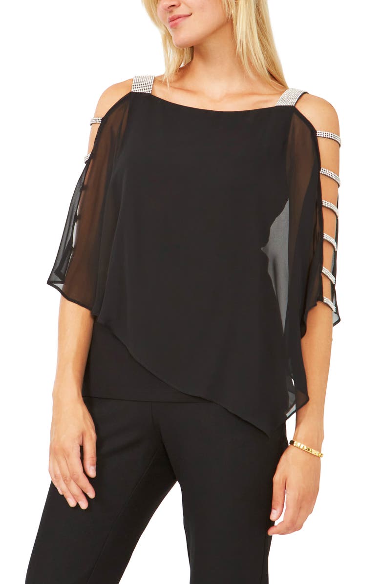 Chaus Sparkle Strap Layered Chiffon Blouse, Main, color, Black