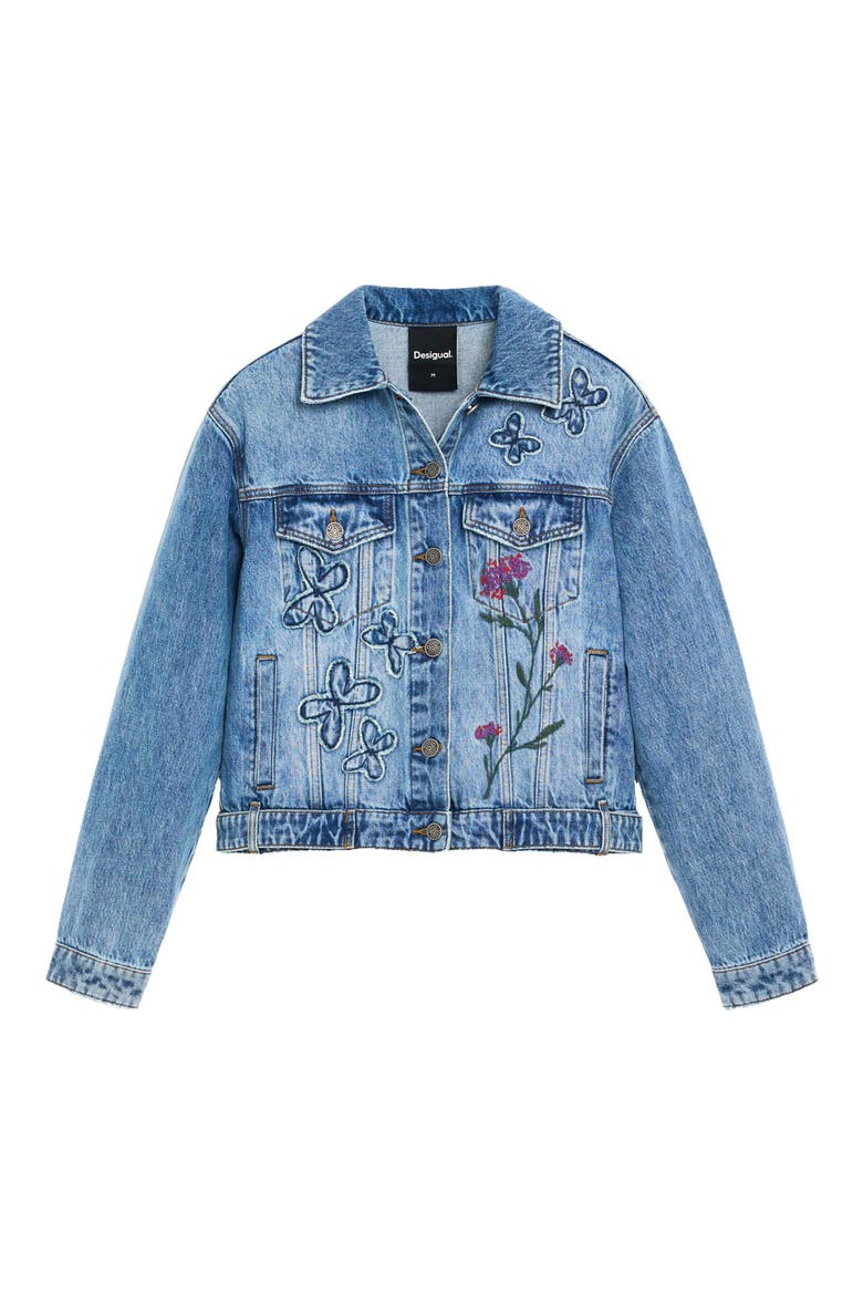 Embroidered Detail Denim Trucker Jacket, Alternate, color, MEDIUM BLUE