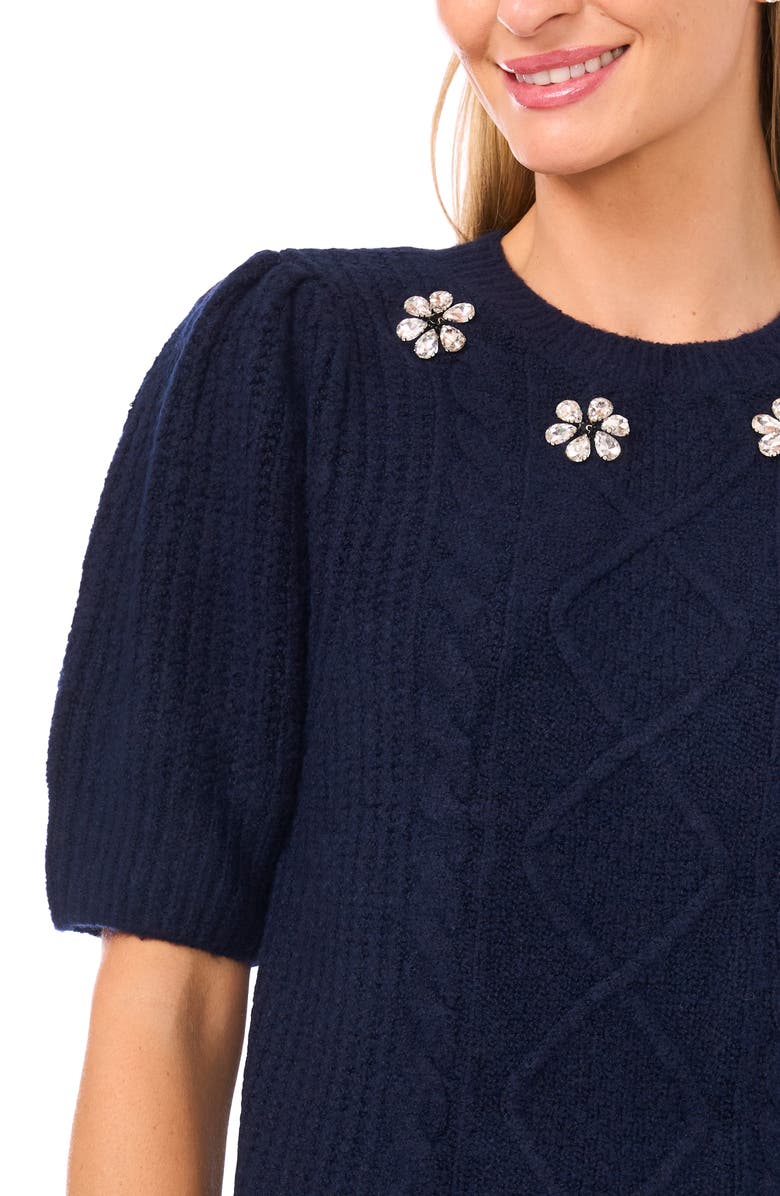 CeCe Faux Jewel Embellished Cable Puff Sleeve Sweater, Alternate, color, Classic Navy