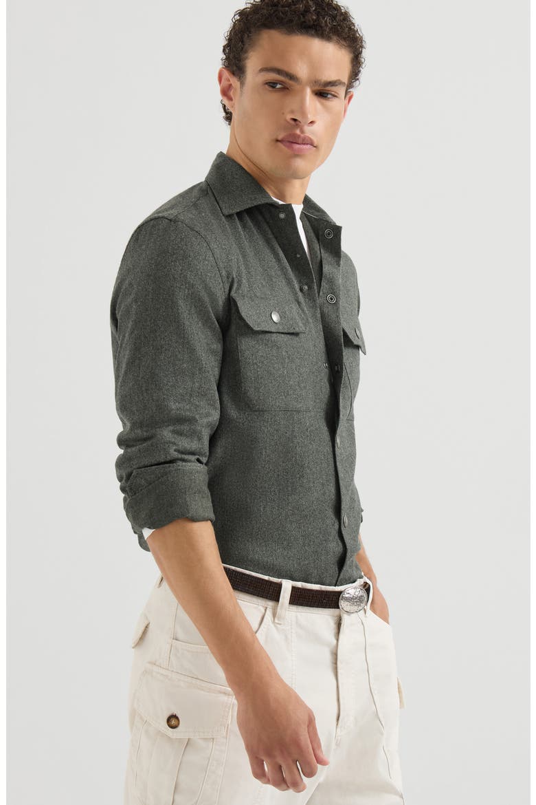 Virgin wool flannel overshirt with spread collar and chest pockets, Alternate, color, Forest Green