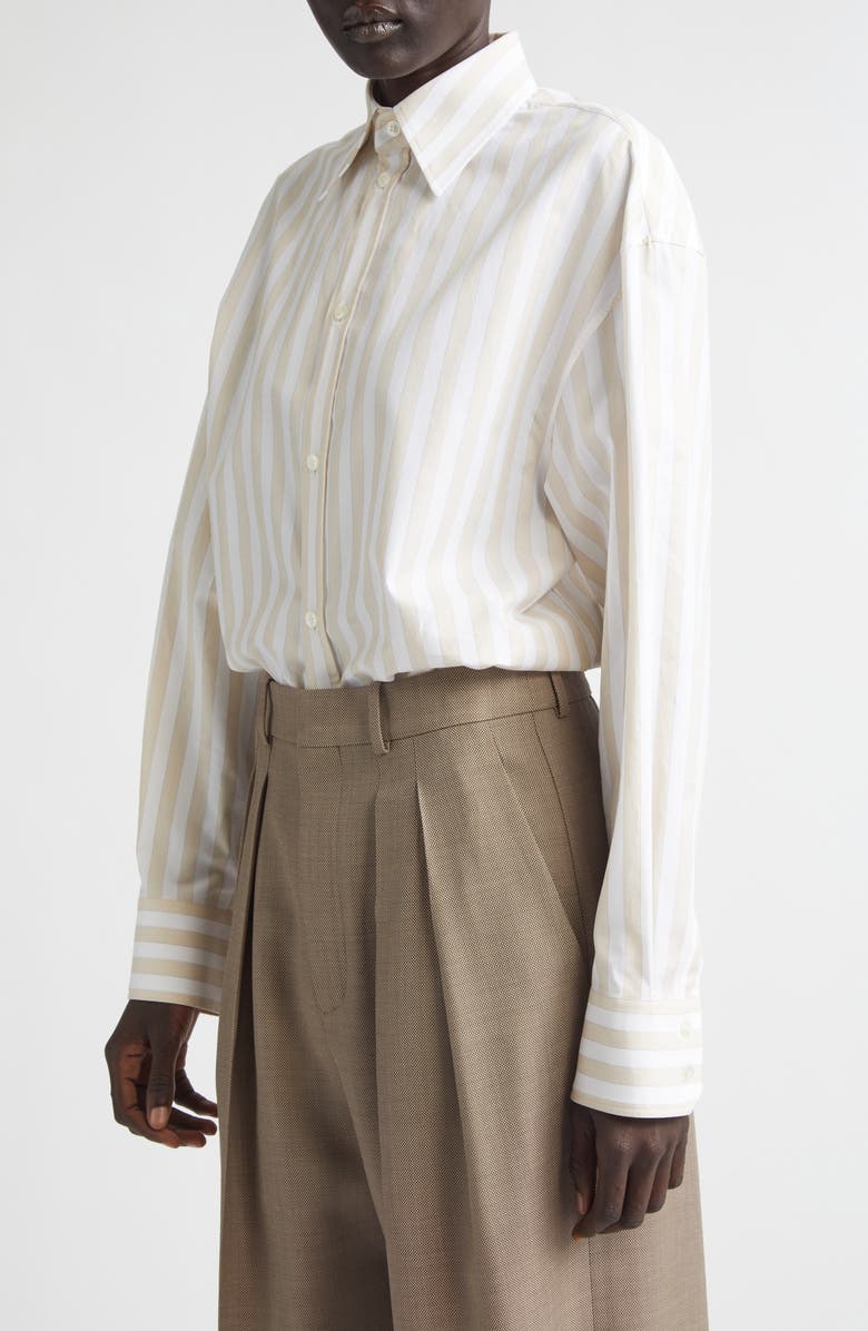 Saint Laurent Stripe Cotton Button-Up Shirt, Alternate, color, Craie Beige