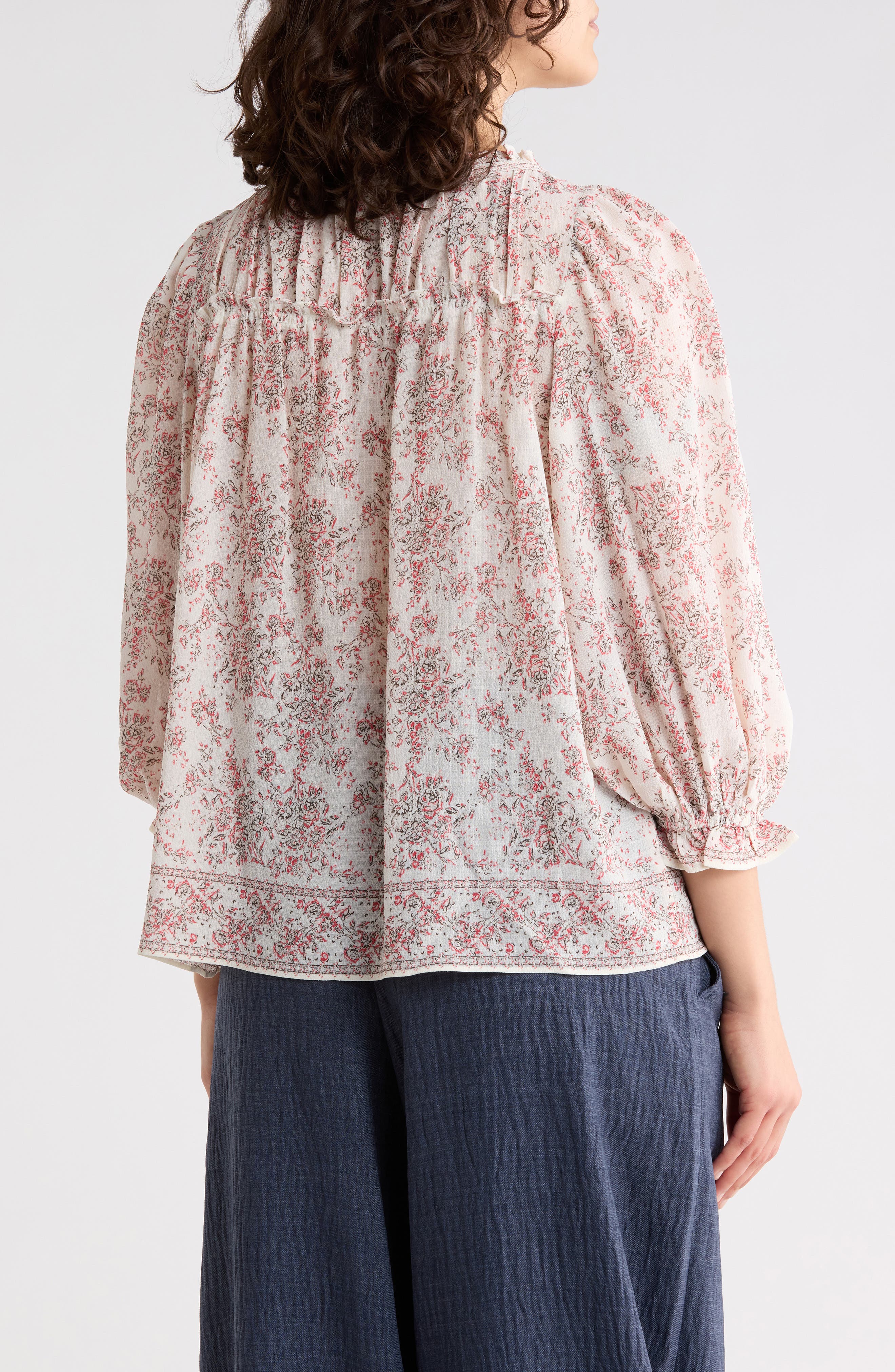 Floral Three-Quarter Bubble Sleeve Top - image 2