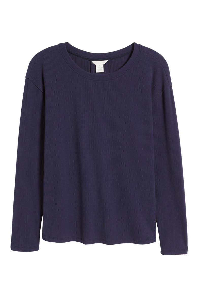 Pleat Black Long Sleeve Rib Top, Alternate, color, NAVY PEACOAT
