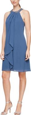 SL FASHIONS Bead Braided Halter Chiffon Dress