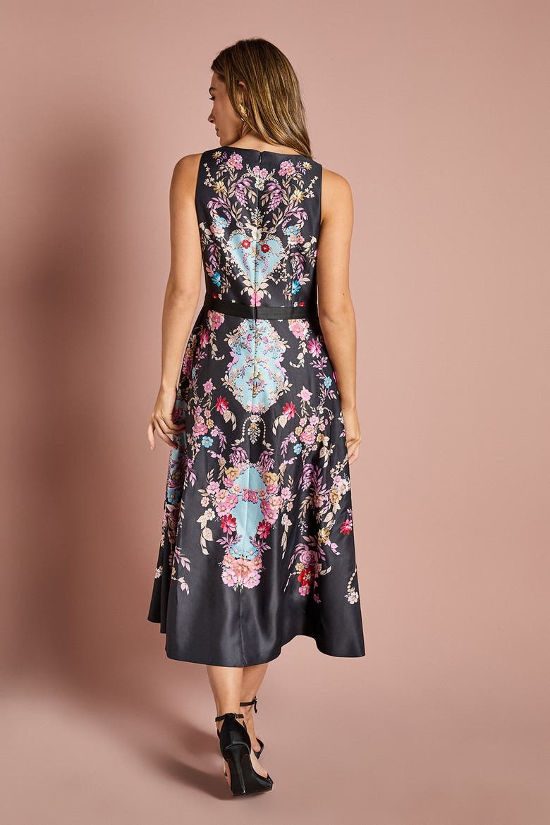Placement Print V Neck Midi Dress, Alternate, color, Black