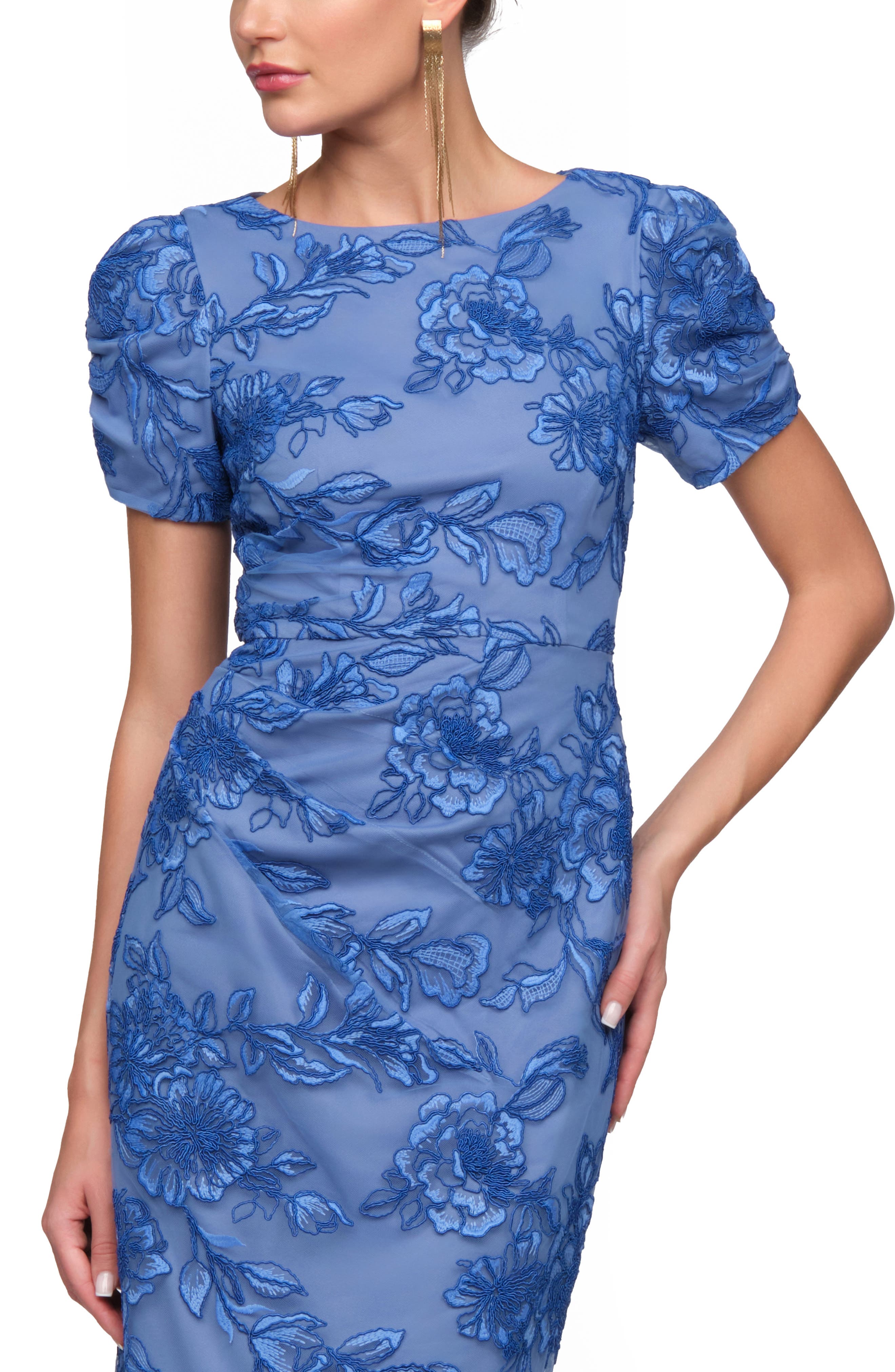 JS Collections Oriana Embroidered Puff Sleeve Column Gown (Women ...