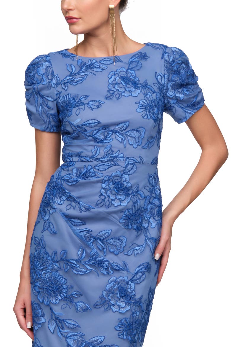 Oriana Embroidered Puff Sleeve Column Gown, Alternate, color, INDIGO