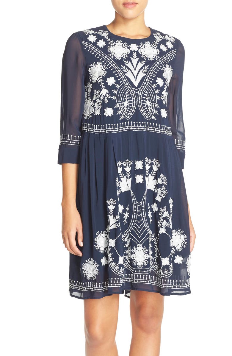 French Connection 'Kiko' Embroidered Crepe Babydoll Dress, Main, color, 