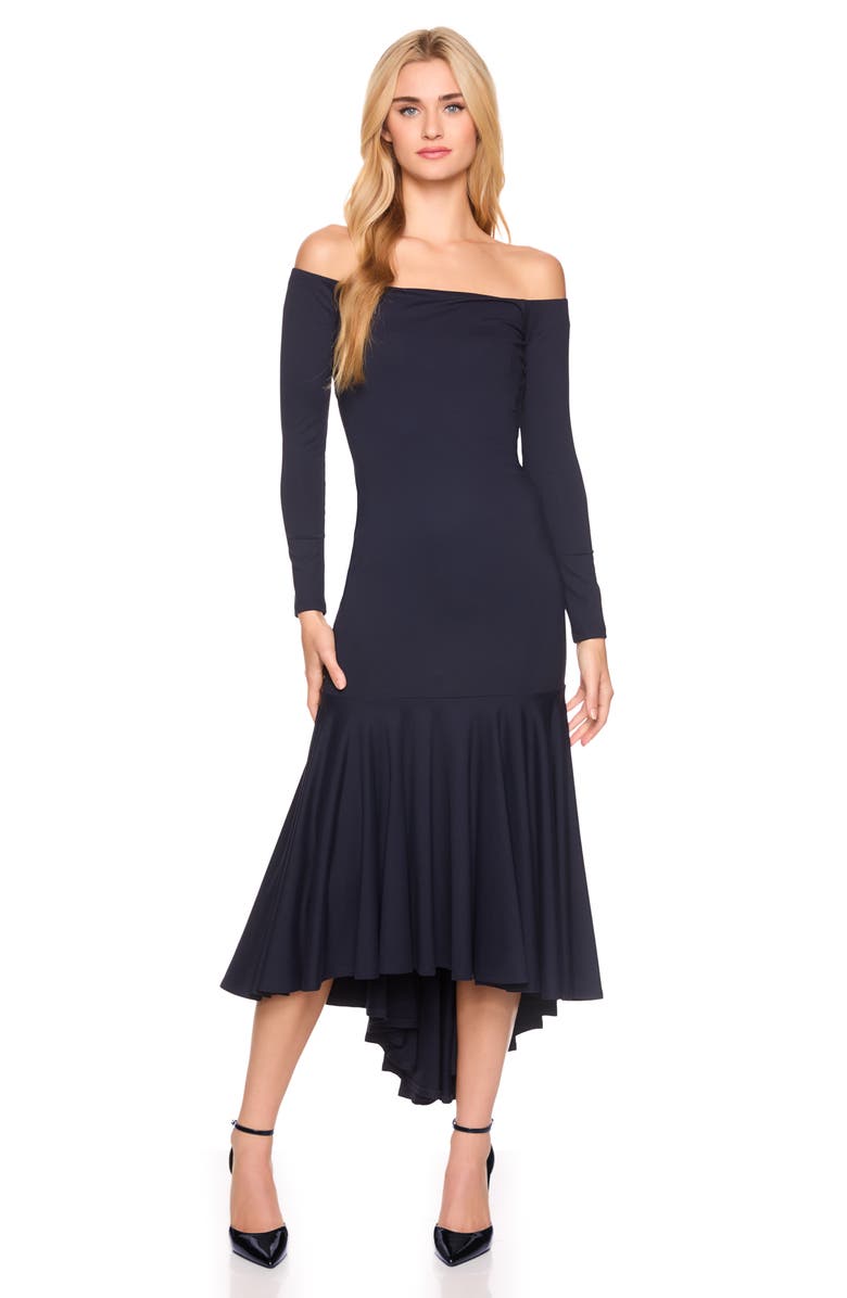 Susana Monaco Off the Shoulder Long Sleeve High-Low Dress, Alternate, color, Midnight