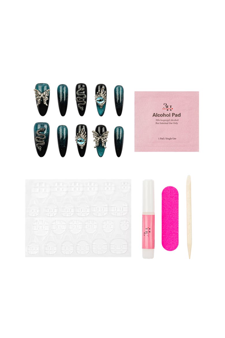 Galaxy Wings Luxury Handmade Press On Nails, Alternate, color, Black/Teal