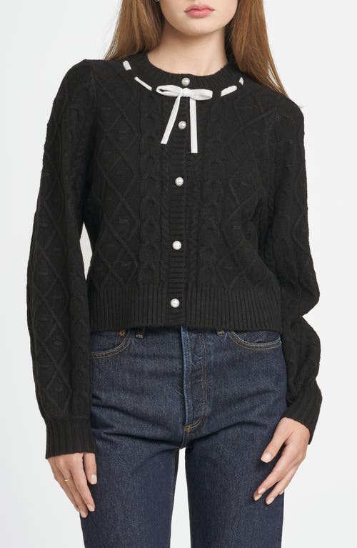 WAYF x CHÉRIE MADELEINE Joli Ribbon Trim Cable Cardigan in Black 