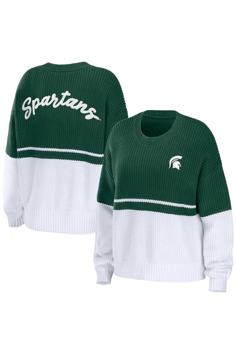 Women's WEAR by Erin Andrews Green/White Michigan State Spartans Boucle Jacquard Patch Chunky Sweater, Alternate, color, Hunter Green