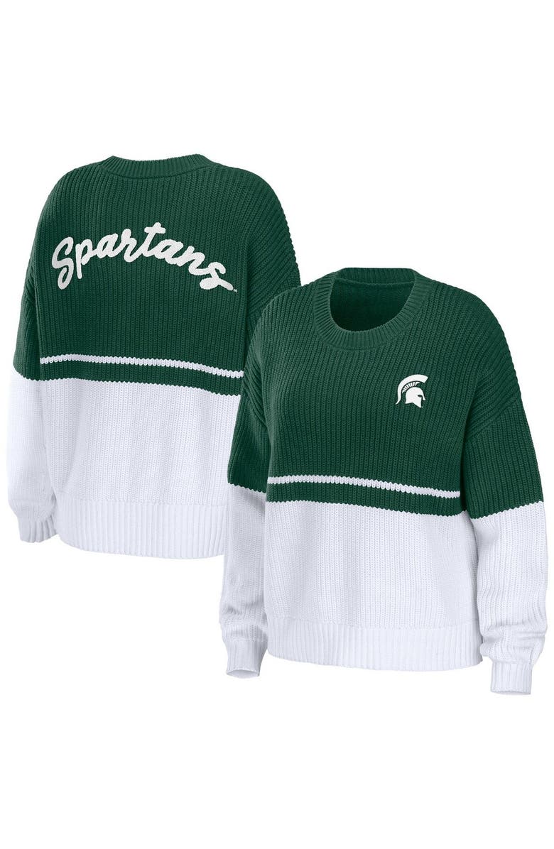 WEAR by Erin Andrews Women's WEAR by Erin Andrews Green/White Michigan State Spartans Boucle Jacquard Patch Chunky Sweater, Alternate, color, 