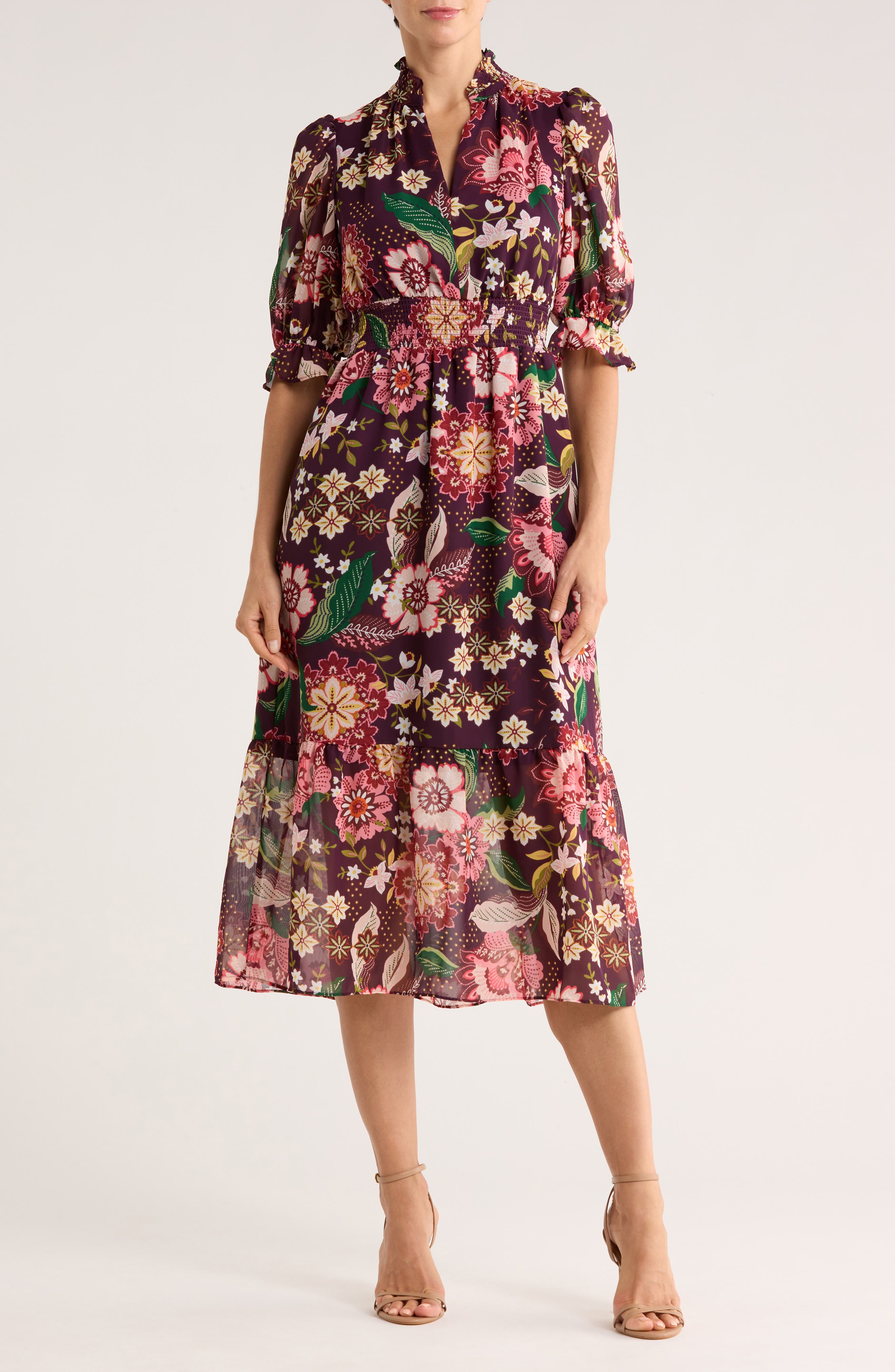 Eliza J Floral Ruffle Elbow Sleeve Midi Dress