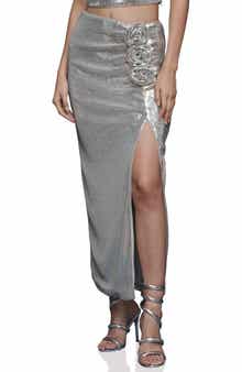 Avec Les Filles Metallic Rosette Detail Ruched Maxi Skirt