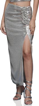 Avec Les Filles Metallic Rosette Detail Ruched Maxi Skirt