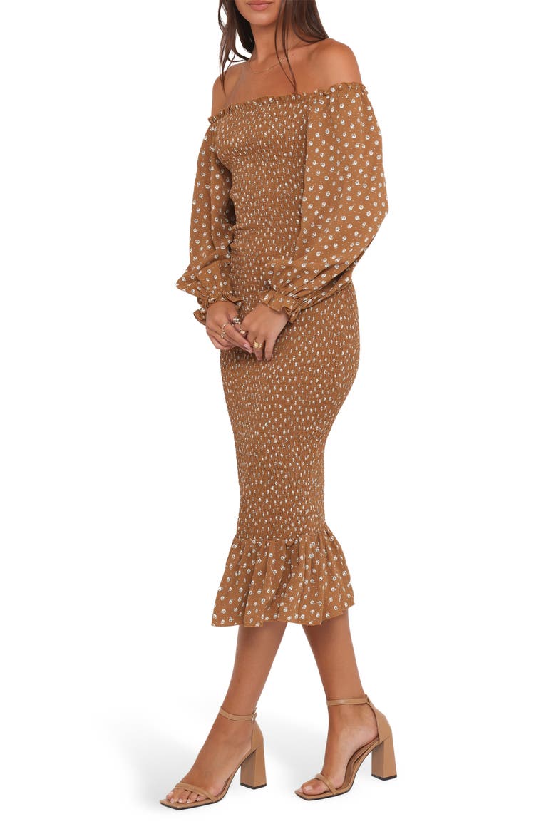 Sara Smocked Off the Shoulder Long Sleeve Body-Con Midi Dress, Alternate, color, BROWN FLORAL
