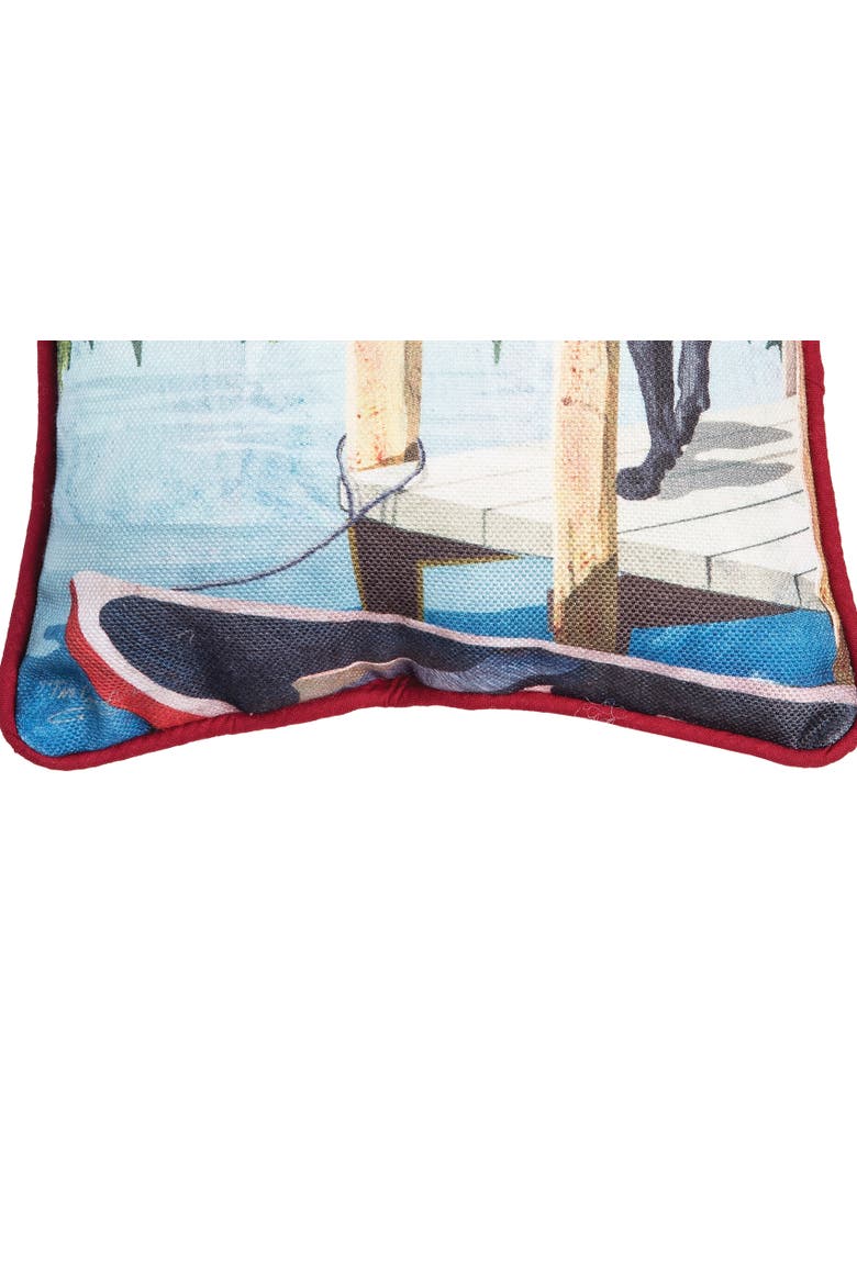 Dog on Lake Pier with Boat Raft Printed Mini Accent Pillow, 8" x 8", Alternate, color, Blue