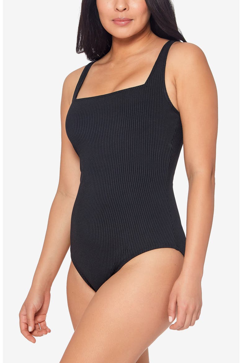 Walk Line Square Neck Underwire One-Piece Swimsuit, Alternate, color, BLACK