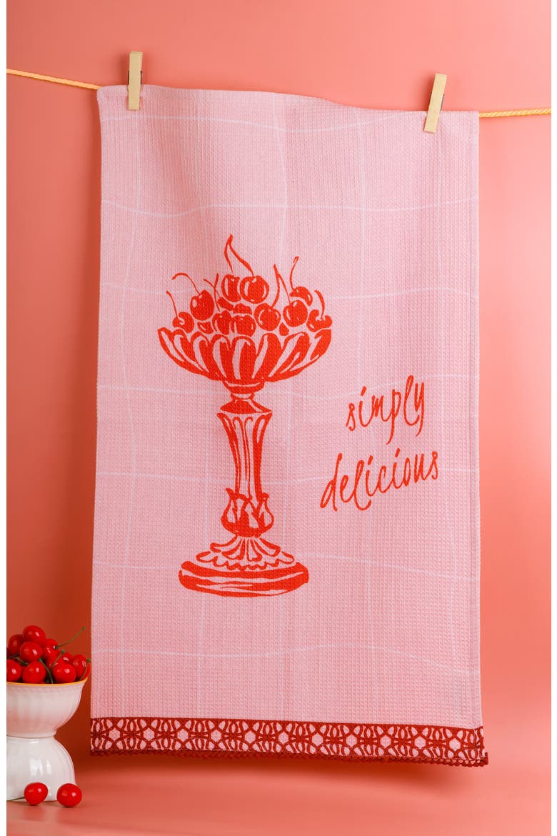 Set of Three Vintage Celebration Kitchen Towels, Alternate, color, CREAM/ CORAL RED/ DUSTY ROSE