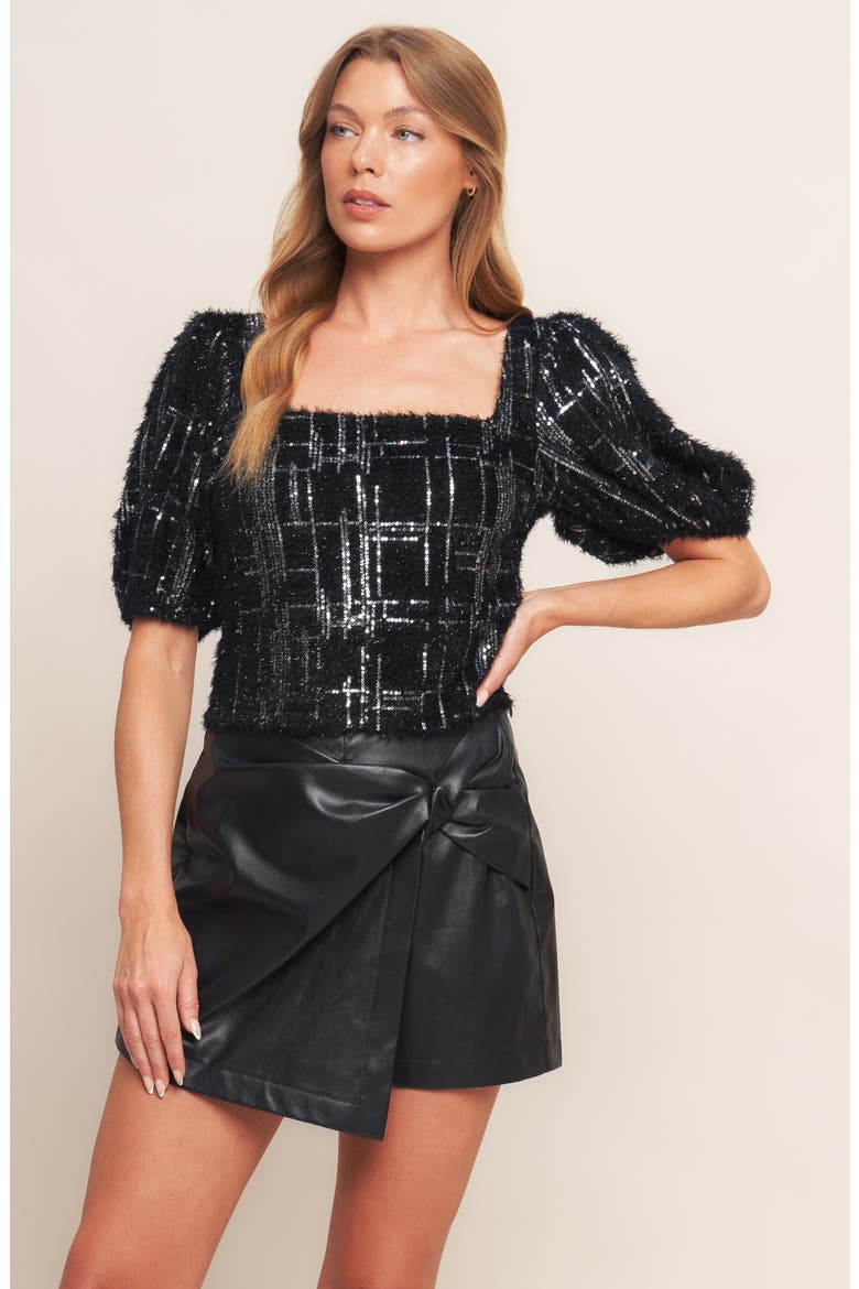 Sequin Eyelash Knit Puff Sleeve Top, Alternate, color, BLACK