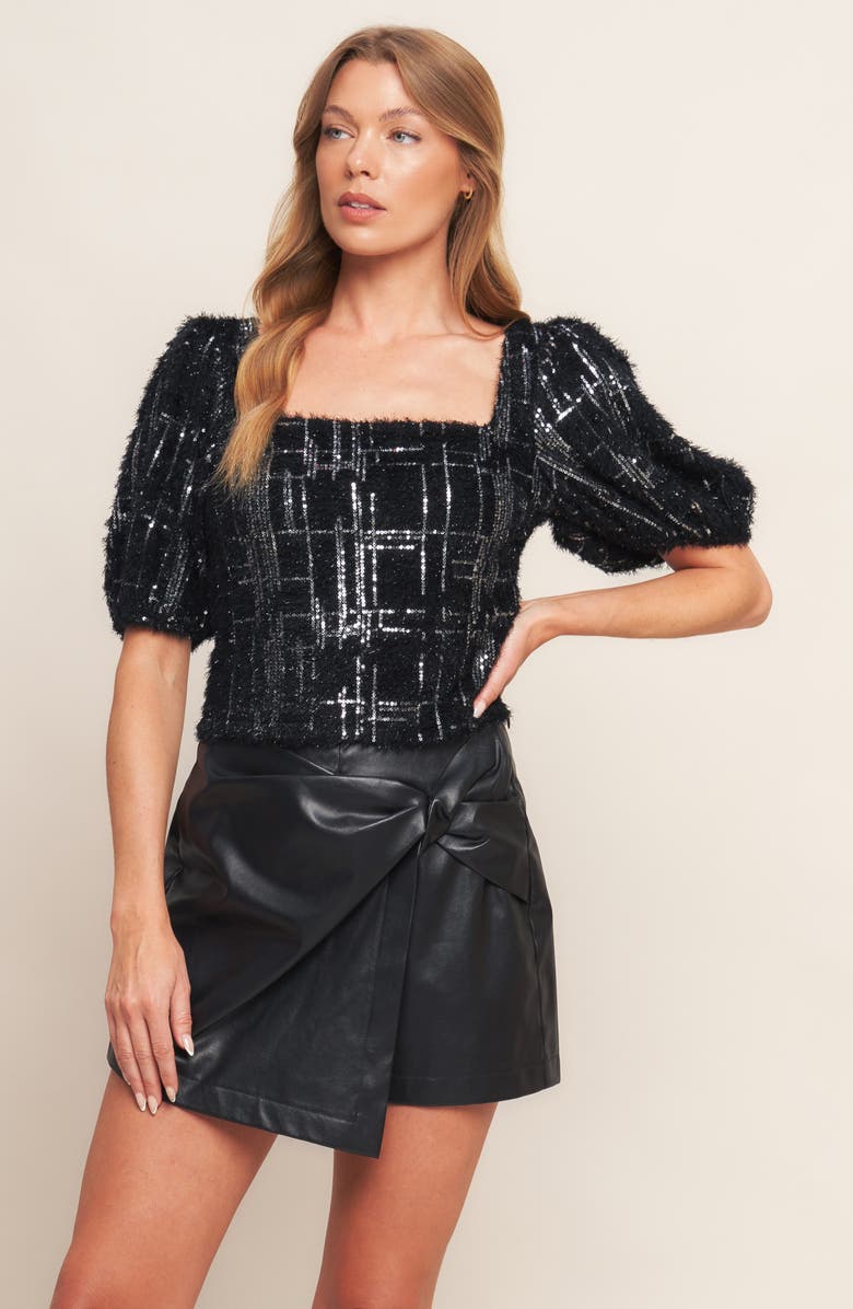 FLYING TOMATO Sequin Eyelash Knit Puff Sleeve Top, Alternate, color, Black