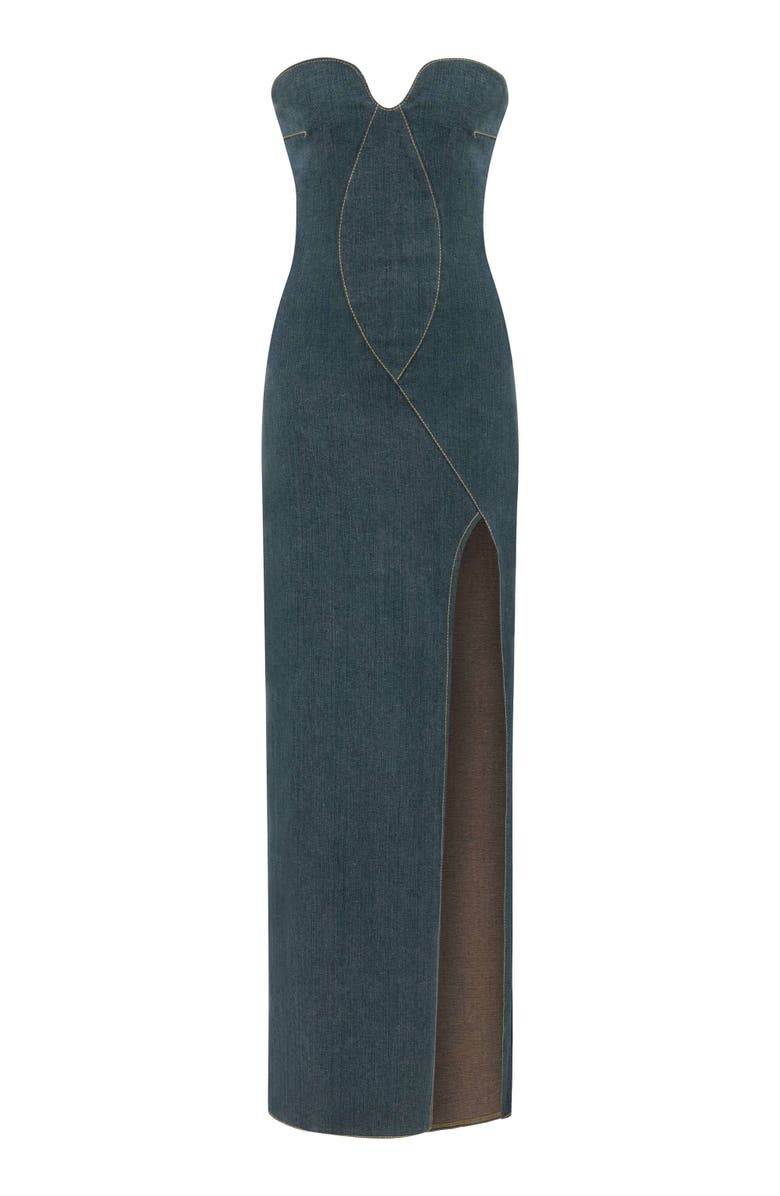 Jendue US Monte Strapless Denim Midi Dress - High Slit Style, Alternate, color, Deep Blue