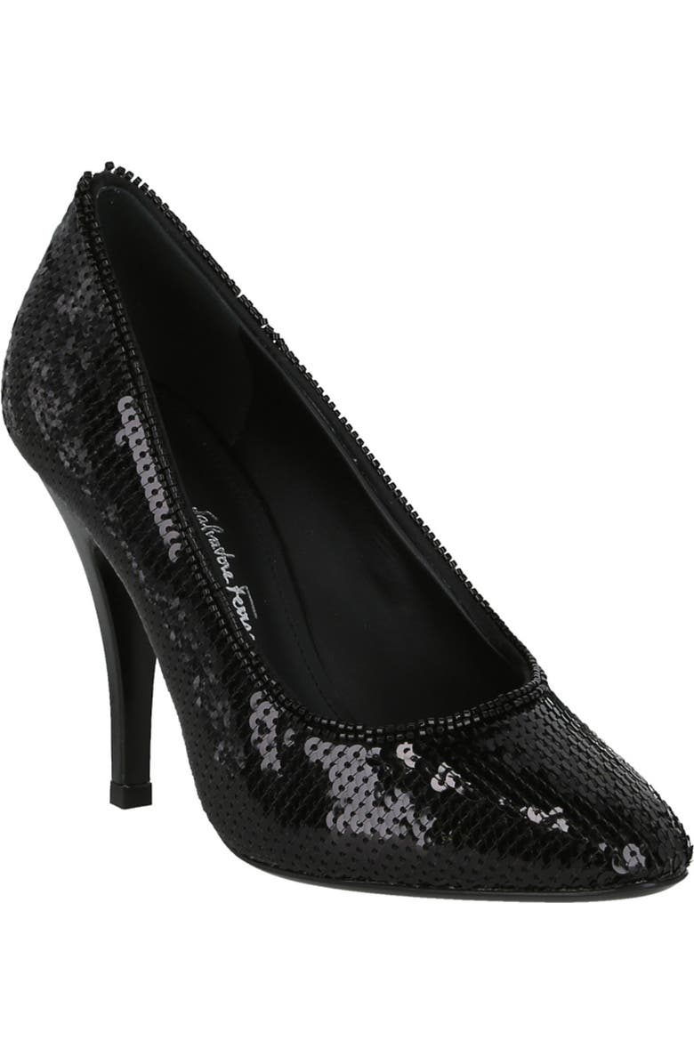 FERRAGAMO Judy Sequin Pointed Toe Pump, Main, color, Black